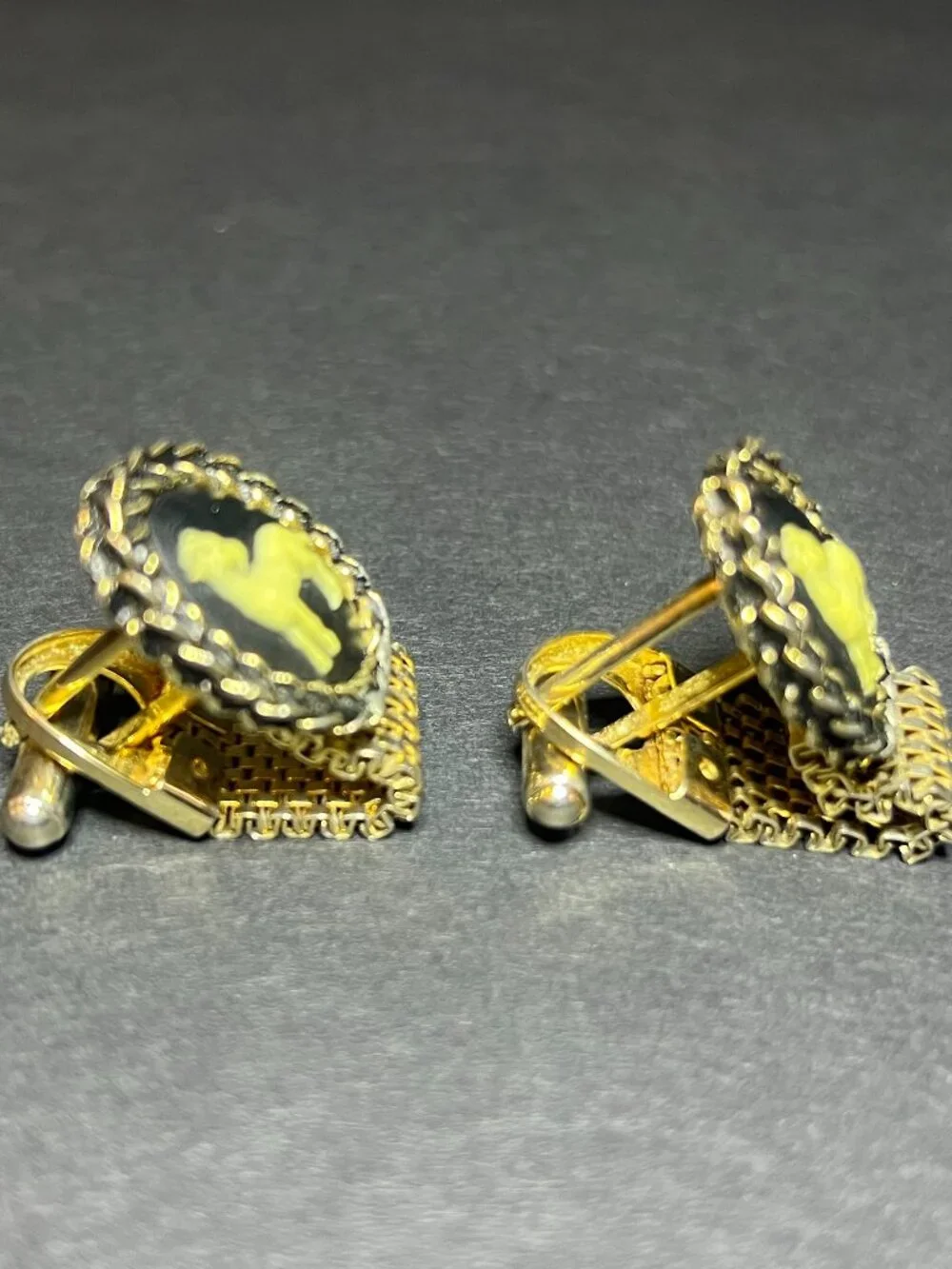 Vintage Gold Tone & Black Cameo Ram Goat Aries Zodiac Mesh Wrap Cufflinks